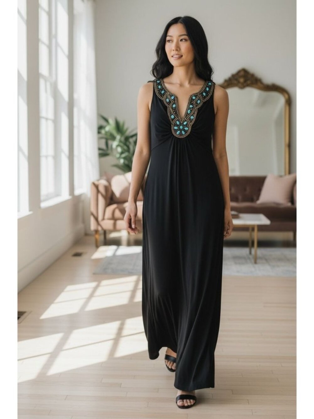 RN Studio Ronni Nicole Black Maxi Dress M Turquoise Beaded Embellished Bohemian